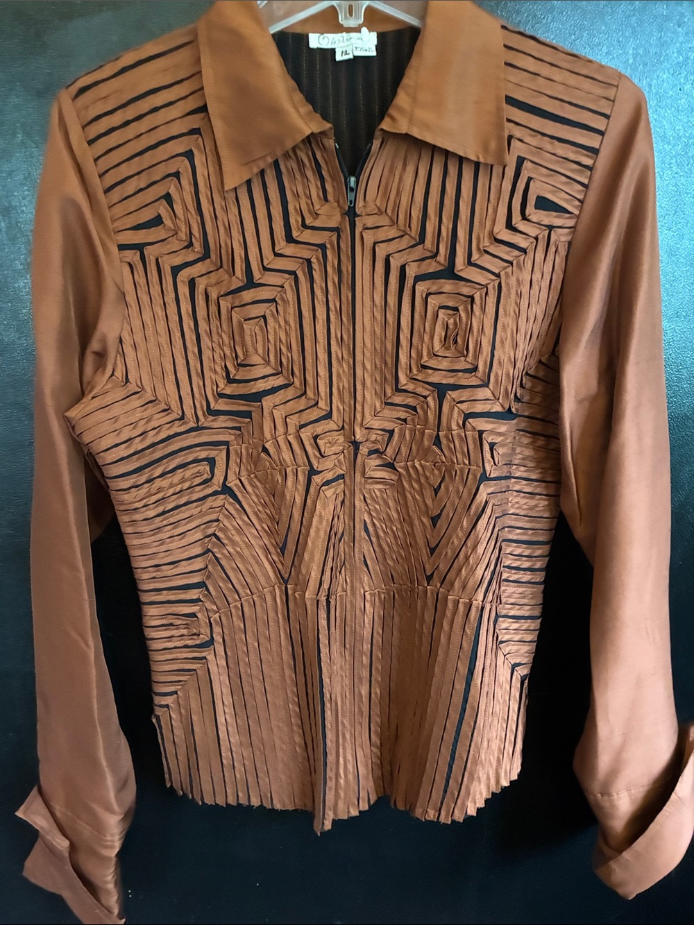 Geometric Silk Pleat Zip-Front Blouse in Rust Brown